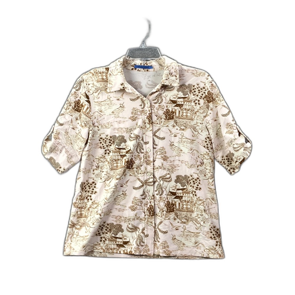 J.McLaughlin Shirt Women Large Floral Roll Tab Sleeve Button Up Minimalist Retro